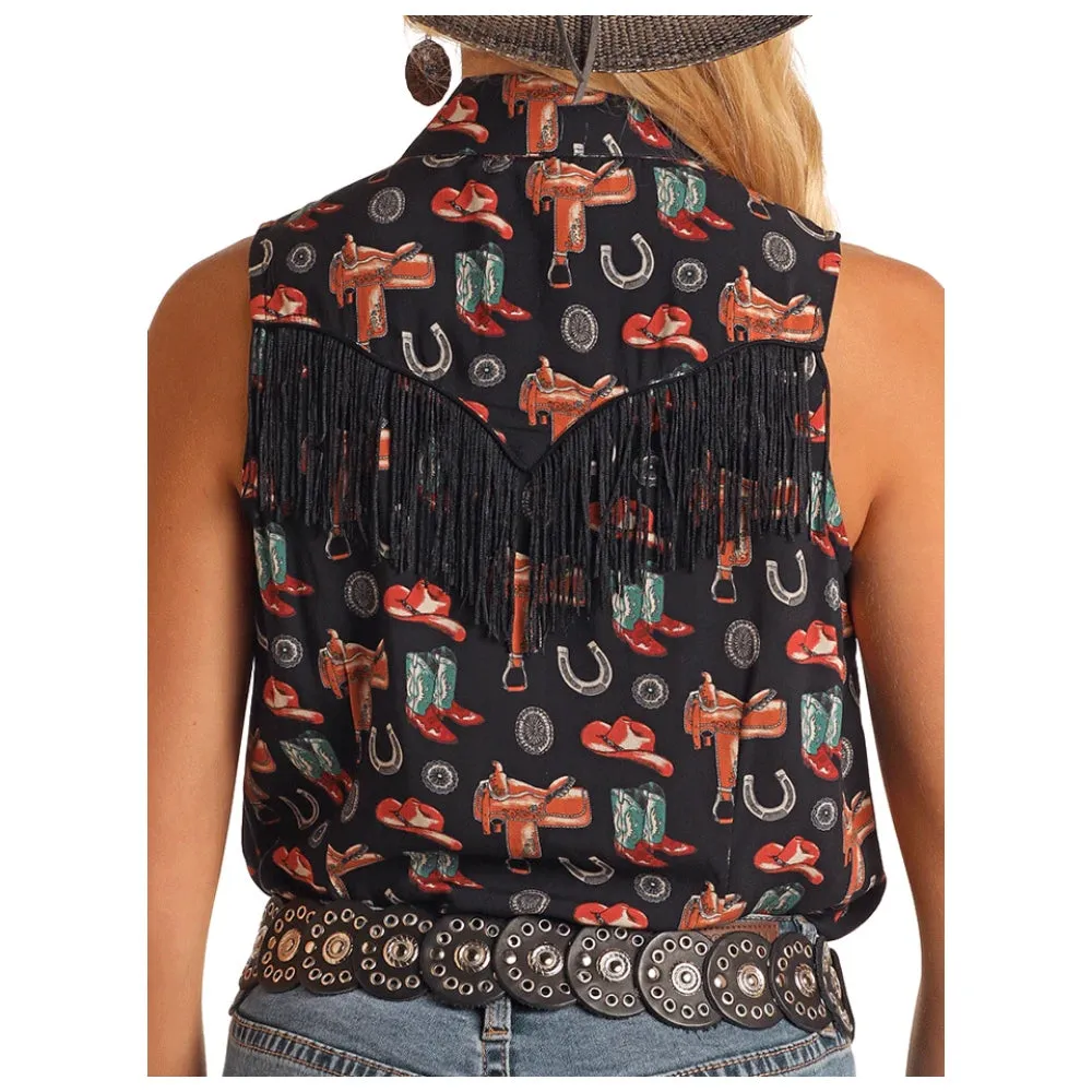 BWN0S05870 Rock & Roll Women's Sleeveless Conversational Snap Fringe Shirt - Black