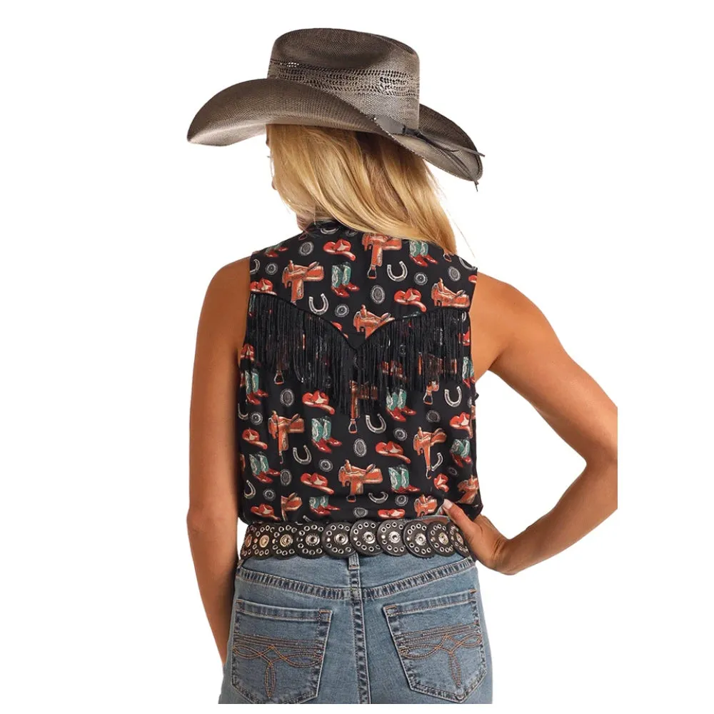 BWN0S05870 Rock & Roll Women's Sleeveless Conversational Snap Fringe Shirt - Black