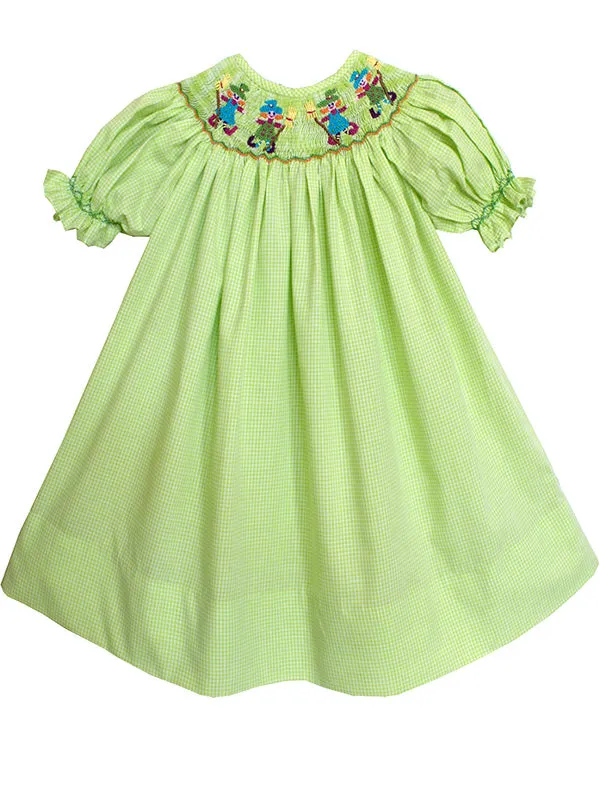 Halloween Green Witches Smocked Girls Bishop Dress