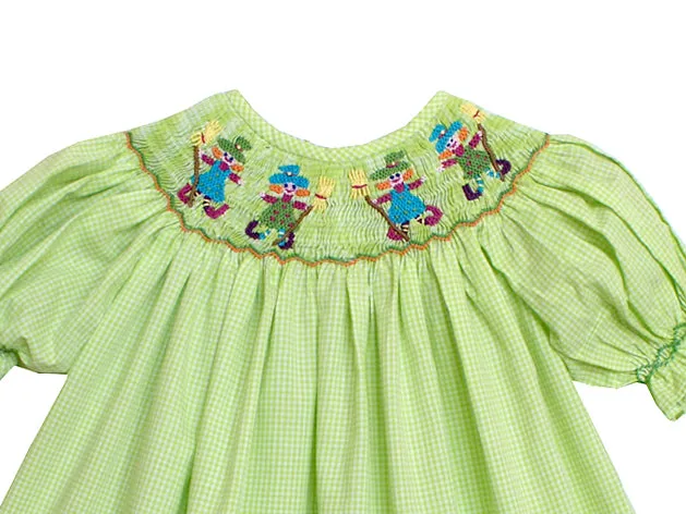 Halloween Green Witches Smocked Girls Bishop Dress