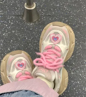Kawaii Cute Girly Pink Heart Y2K Girl Women Thick Soles White Cream Sporty Sneakers Running Shoes
