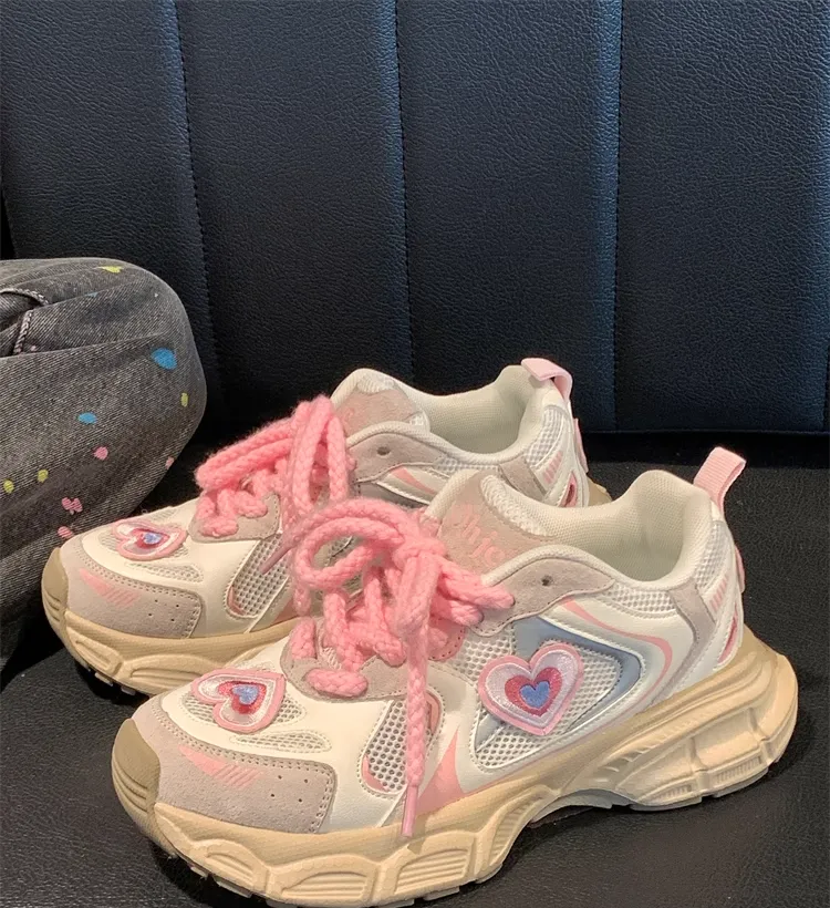 Kawaii Cute Girly Pink Heart Y2K Girl Women Thick Soles White Cream Sporty Sneakers Running Shoes