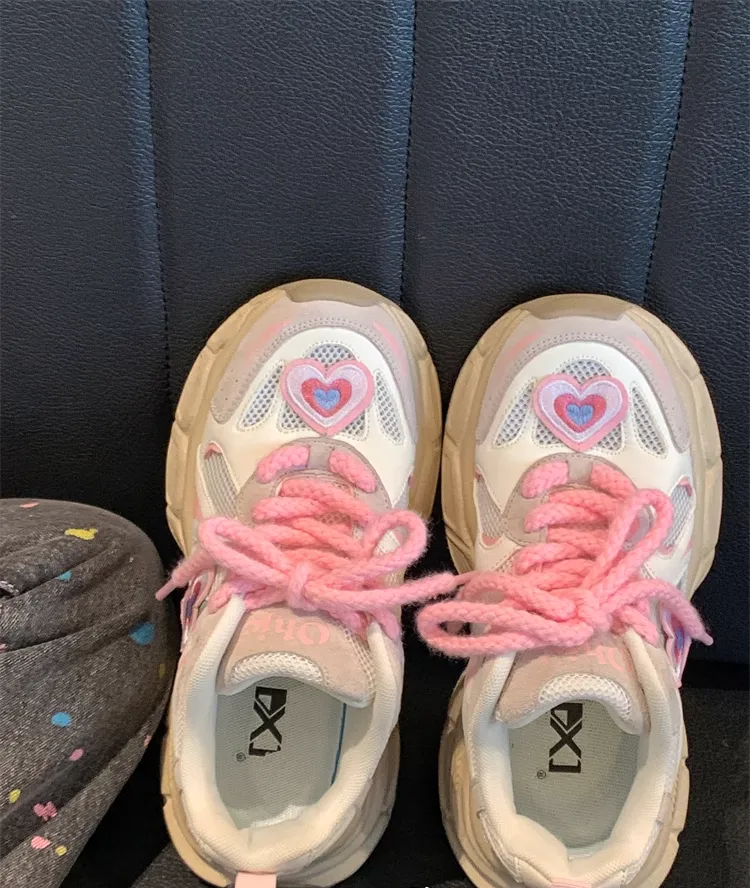 Kawaii Cute Girly Pink Heart Y2K Girl Women Thick Soles White Cream Sporty Sneakers Running Shoes