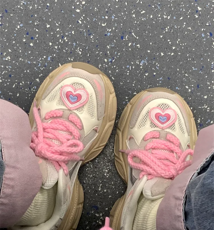 Kawaii Cute Girly Pink Heart Y2K Girl Women Thick Soles White Cream Sporty Sneakers Running Shoes