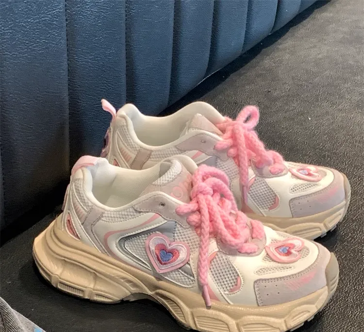 Kawaii Cute Girly Pink Heart Y2K Girl Women Thick Soles White Cream Sporty Sneakers Running Shoes