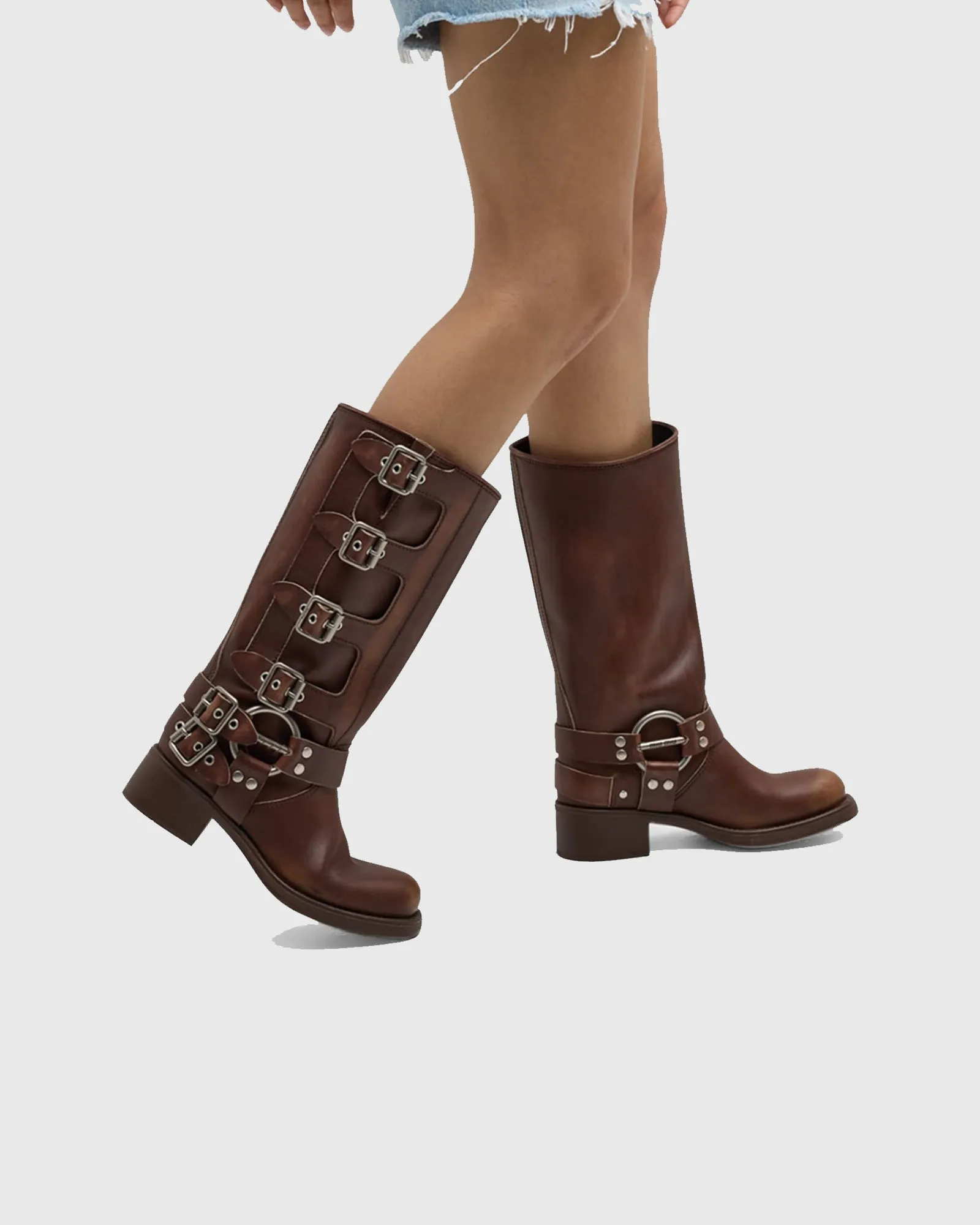Ninetta Buckle Leather Knee High Boots In Brown