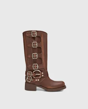 Ninetta Buckle Leather Knee High Boots In Brown
