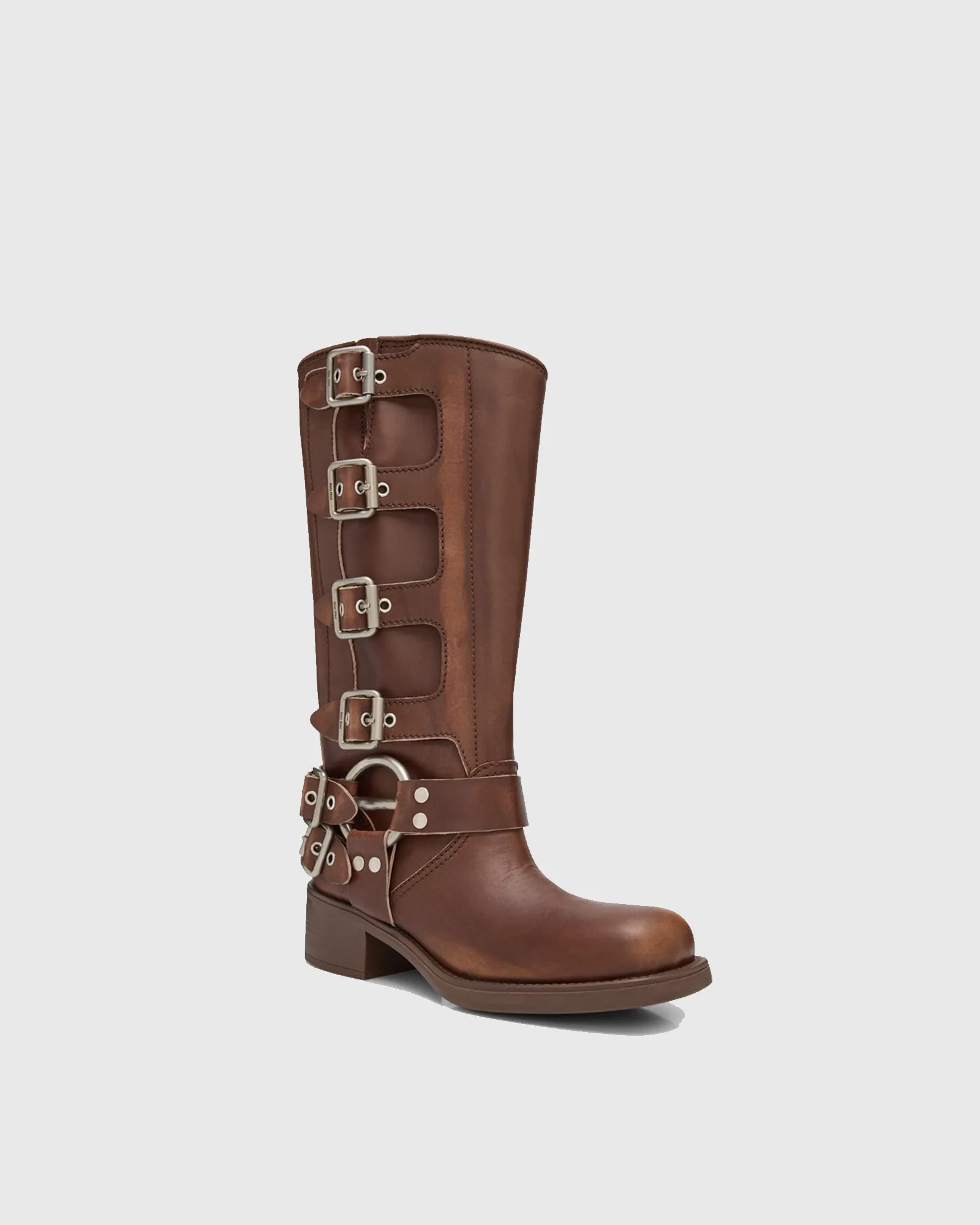 Ninetta Buckle Leather Knee High Boots In Brown
