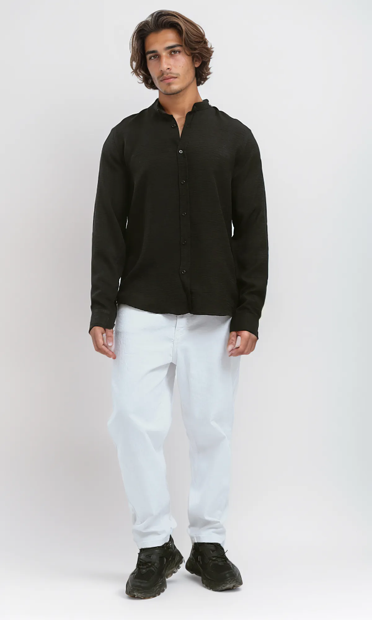 O191185 Full Buttons Down Black Textured Shirt