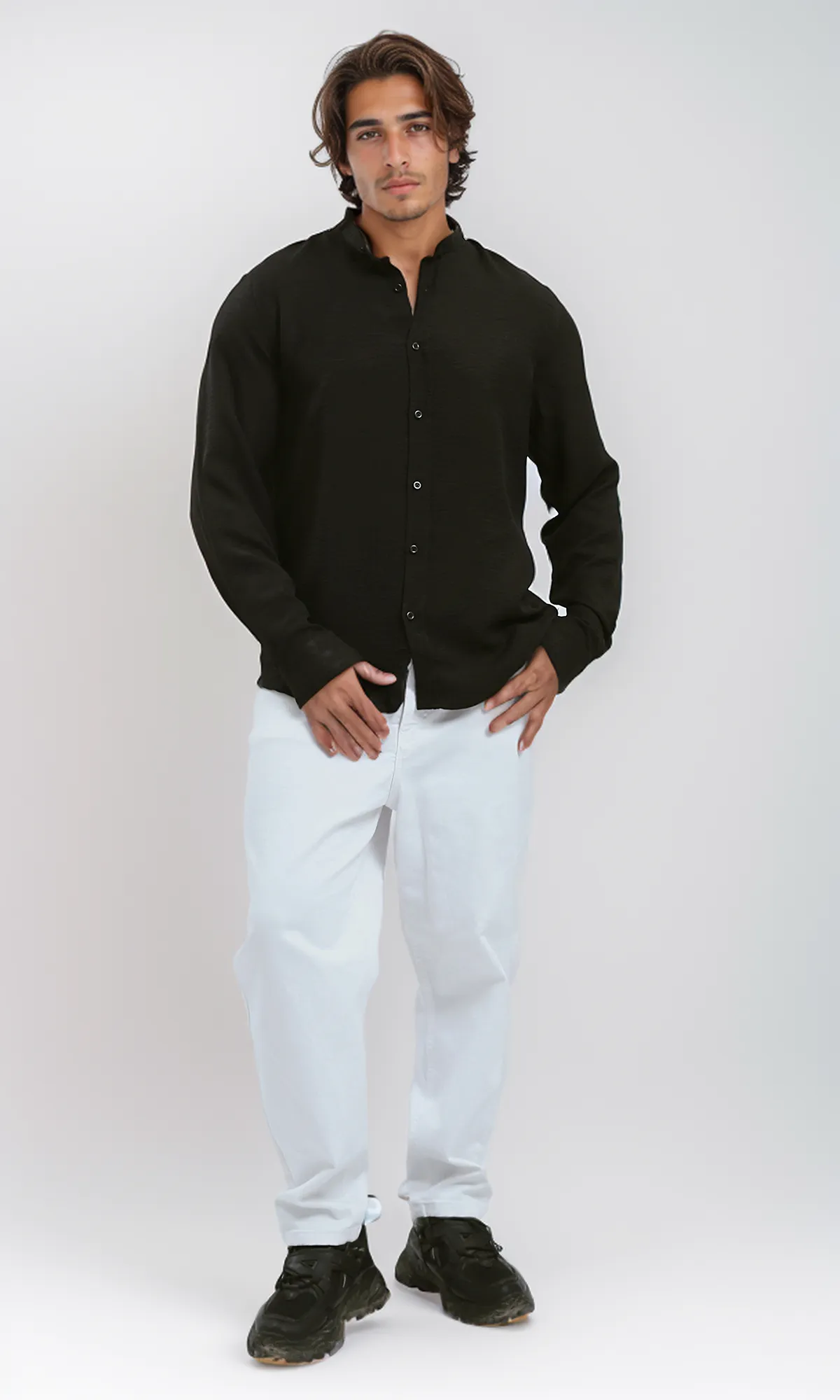 O191185 Full Buttons Down Black Textured Shirt
