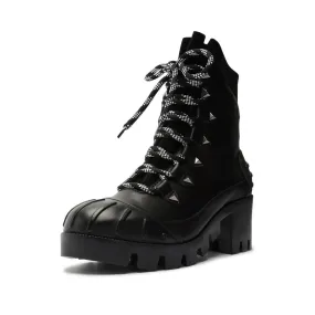 Schutz Jan Black Leather Lace Up  Block Heel Rounded Toe Womens Ankle Booties