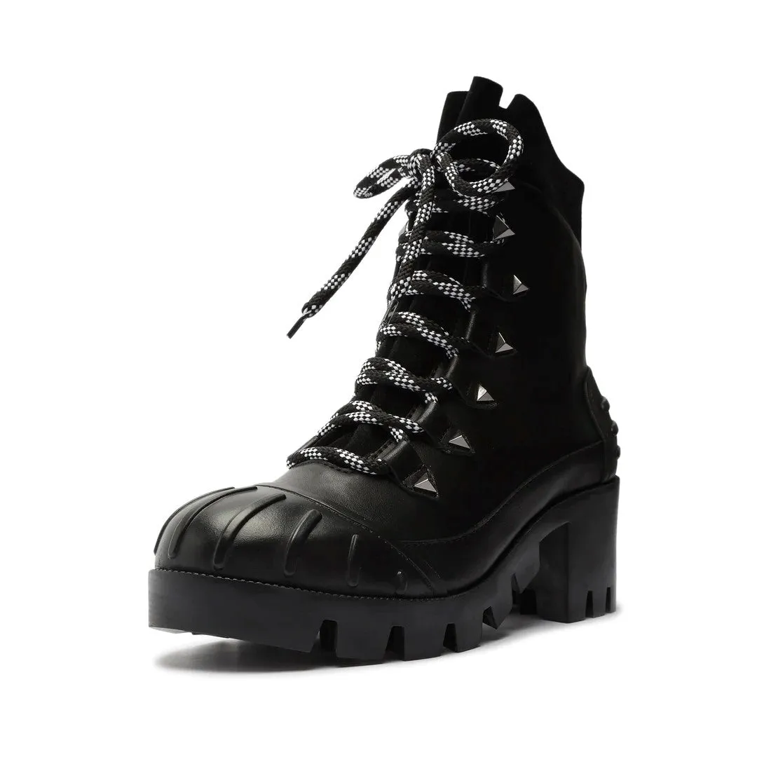 Schutz Jan Black Leather Lace Up  Block Heel Rounded Toe Womens Ankle Booties
