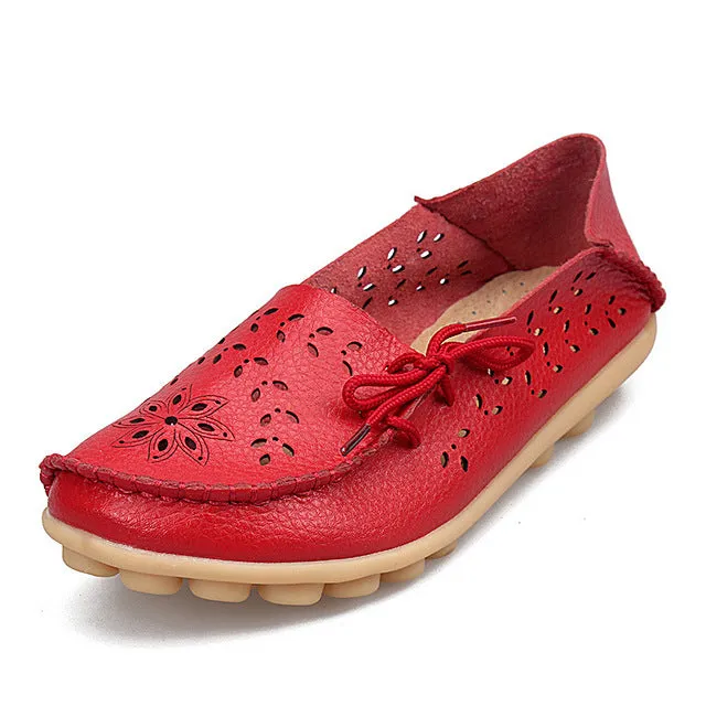 Women's Casual Genuine Leather Shoes Woman Loafers Slip-On  Flats Moccasins Ladies Driving Shoe Cut-Outs Mother Footwear