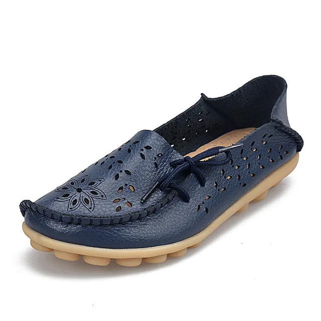 Women's Casual Genuine Leather Shoes Woman Loafers Slip-On  Flats Moccasins Ladies Driving Shoe Cut-Outs Mother Footwear