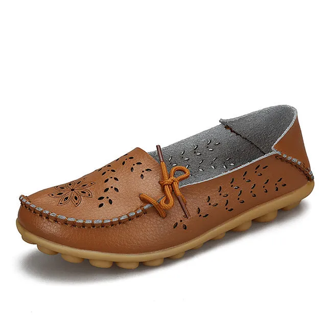 Women's Casual Genuine Leather Shoes Woman Loafers Slip-On  Flats Moccasins Ladies Driving Shoe Cut-Outs Mother Footwear