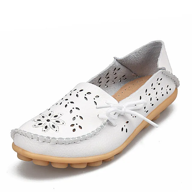 Women's Casual Genuine Leather Shoes Woman Loafers Slip-On  Flats Moccasins Ladies Driving Shoe Cut-Outs Mother Footwear