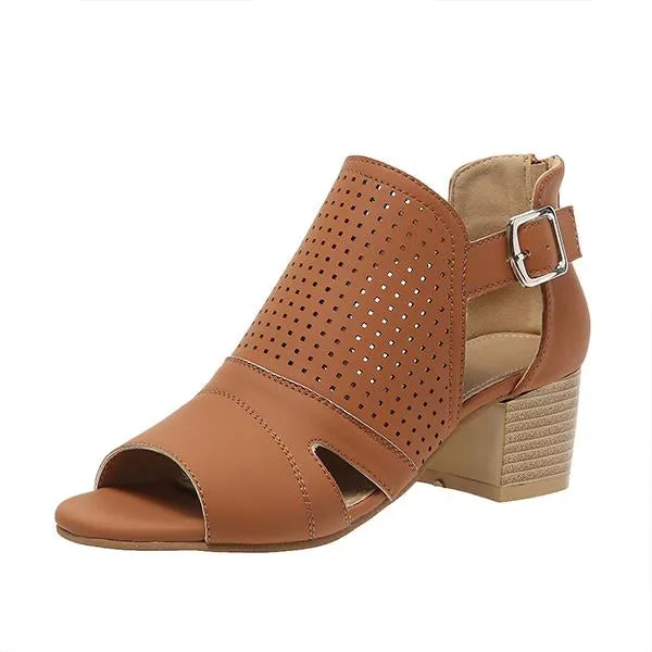 Women's Fashionable Hollow Buckle Thick Heel Fish Mouth Sandals 38913758S