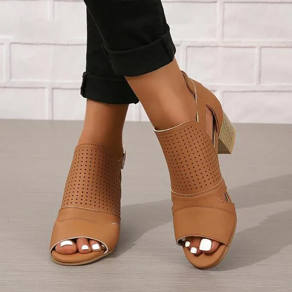 Women's Fashionable Hollow Buckle Thick Heel Fish Mouth Sandals 38913758S