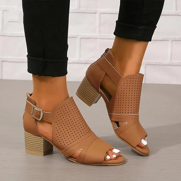 Women's Fashionable Hollow Buckle Thick Heel Fish Mouth Sandals 38913758S