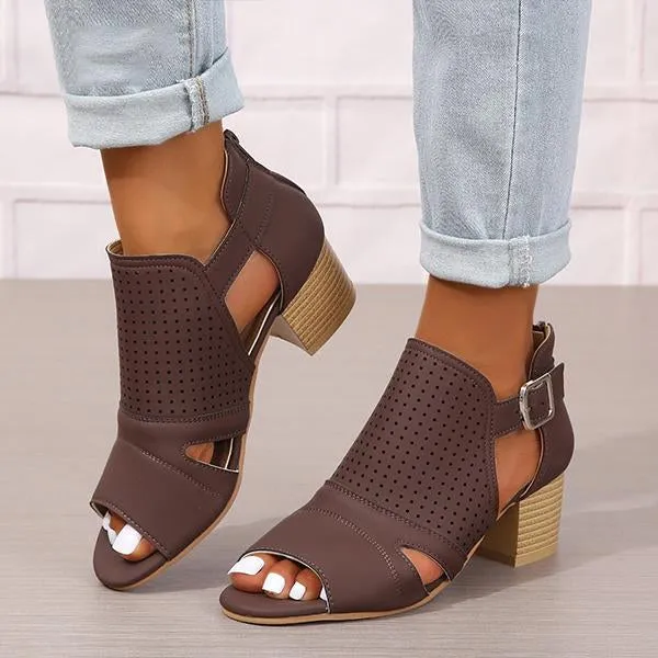 Women's Fashionable Hollow Buckle Thick Heel Fish Mouth Sandals 38913758S