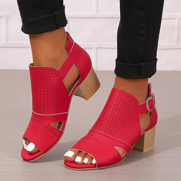 Women's Fashionable Hollow Buckle Thick Heel Fish Mouth Sandals 38913758S