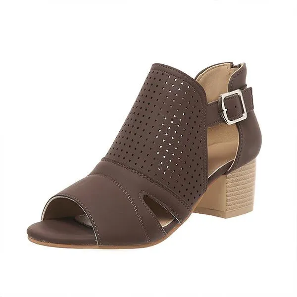 Women's Fashionable Hollow Buckle Thick Heel Fish Mouth Sandals 38913758S