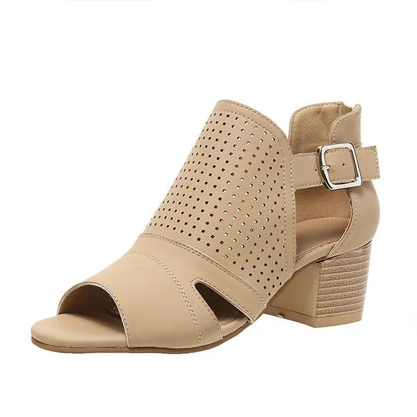 Women's Fashionable Hollow Buckle Thick Heel Fish Mouth Sandals 38913758S