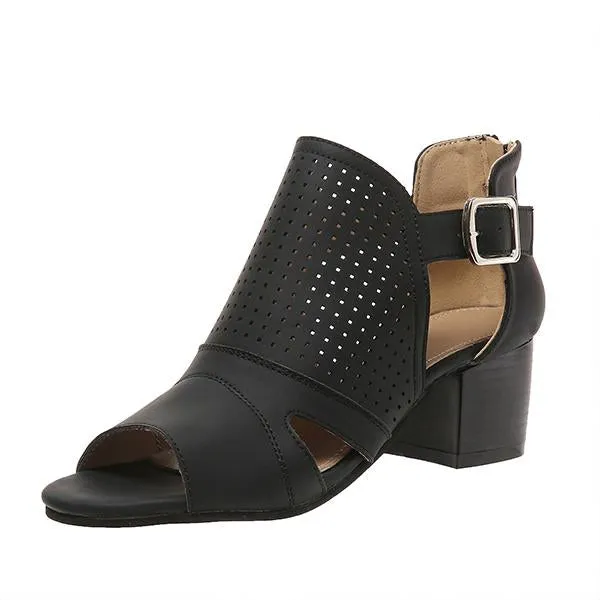 Women's Fashionable Hollow Buckle Thick Heel Fish Mouth Sandals 38913758S