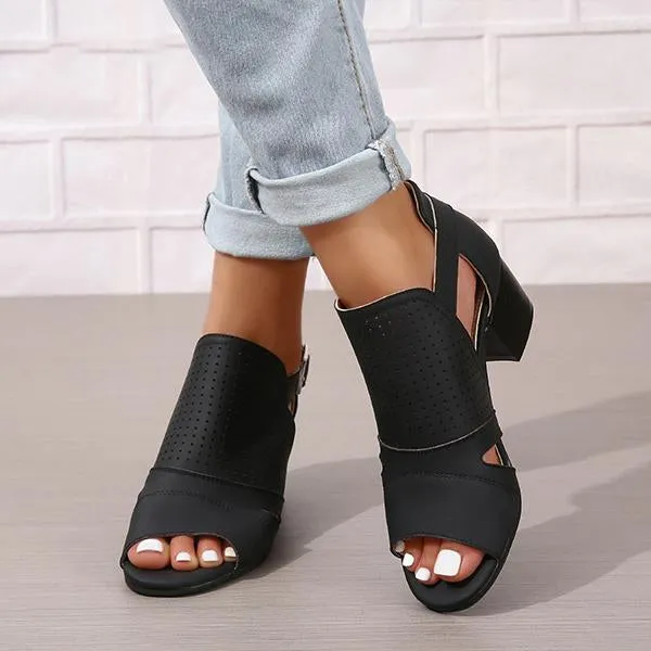 Women's Fashionable Hollow Buckle Thick Heel Fish Mouth Sandals 38913758S
