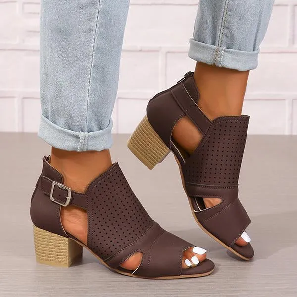 Women's Fashionable Hollow Buckle Thick Heel Fish Mouth Sandals 38913758S