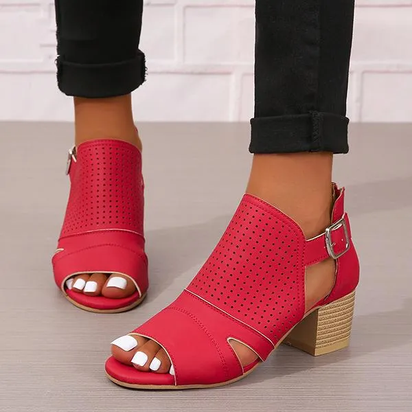 Women's Fashionable Hollow Buckle Thick Heel Fish Mouth Sandals 38913758S