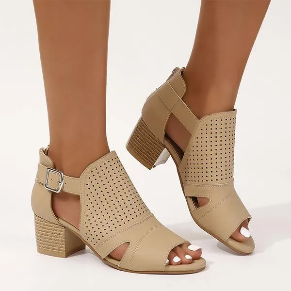 Women's Fashionable Hollow Buckle Thick Heel Fish Mouth Sandals 38913758S