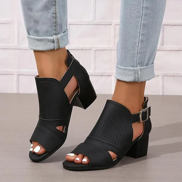 Women's Fashionable Hollow Buckle Thick Heel Fish Mouth Sandals 38913758S
