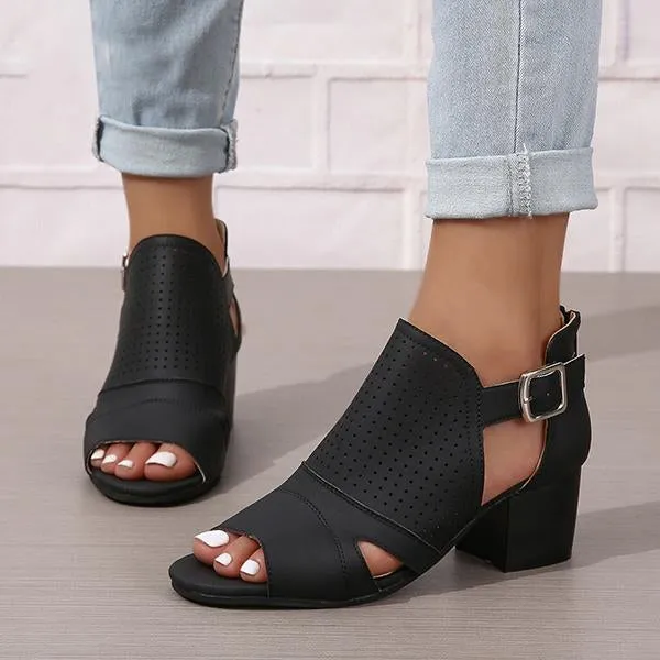 Women's Fashionable Hollow Buckle Thick Heel Fish Mouth Sandals 38913758S