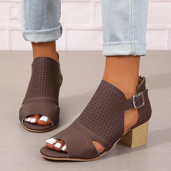 Women's Fashionable Hollow Buckle Thick Heel Fish Mouth Sandals 38913758S