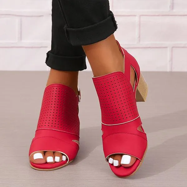 Women's Fashionable Hollow Buckle Thick Heel Fish Mouth Sandals 38913758S