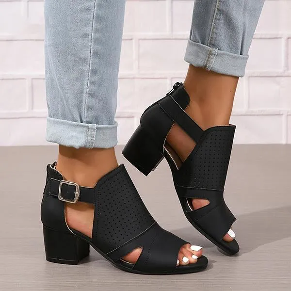 Women's Fashionable Hollow Buckle Thick Heel Fish Mouth Sandals 38913758S