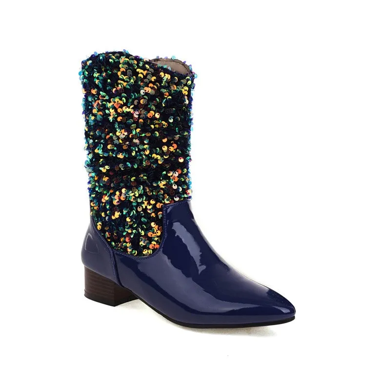 Women's Glossy Pointed Toe Sequins Patchwork Square Heel Mid Calf Boots