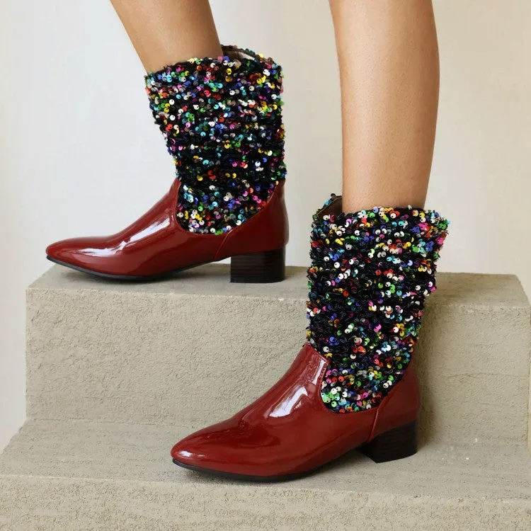 Women's Glossy Pointed Toe Sequins Patchwork Square Heel Mid Calf Boots